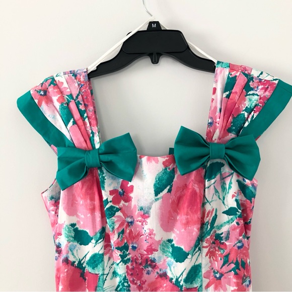 Vintage 80’s Leslie Lucks Bright Floral Print Full Skirt Dress w/ Bows - Picture 5 of 16